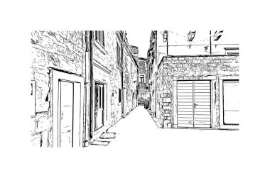 Hırvatistan 'daki ada, Hvar' ın tarihi yapısına sahip Print Building manzaralı. Vektörde elle çizilmiş çizim çizimi.