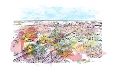 Print Building view with landmark of Grande Prairie Kanada 'da bir şehirdir. Vektör içinde el çizimi çizimi eşkali ile suluboya sıçraması.