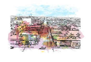 Print Building view with landmark of Grande Prairie Kanada 'da bir şehirdir. Vektör içinde el çizimi çizimi eşkali ile suluboya sıçraması.