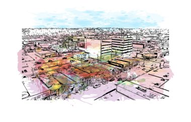 Print Building view with landmark of Grande Prairie Kanada 'da bir şehirdir. Vektör içinde el çizimi çizimi eşkali ile suluboya sıçraması.