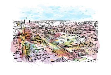 Print Building view with landmark of Grande Prairie Kanada 'da bir şehirdir. Vektör içinde el çizimi çizimi eşkali ile suluboya sıçraması.