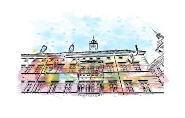 Print Building view with landmark of Graz is the city in Austria. Vektörde elle çizilmiş resim ile suluboya sıçraması.