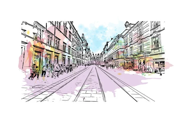 Print Vue Imprenable Sur Graz Est Ville Autriche Aquarelle Éclaboussure — Image vectorielle