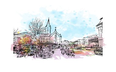 Print Building view with landmark of Graz is the city in Austria. Vektörde elle çizilmiş resim ile suluboya sıçraması.