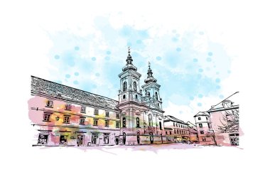 Print Building view with landmark of Graz is the city in Austria. Vektörde elle çizilmiş resim ile suluboya sıçraması.