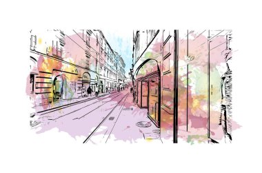 Print Building view with landmark of Graz is the city in Austria. Vektörde elle çizilmiş resim ile suluboya sıçraması.