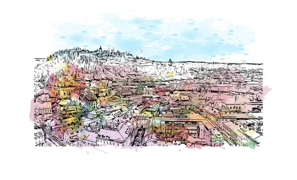 Print Vue Imprenable Sur Graz Est Ville Autriche Aquarelle Éclaboussure — Image vectorielle