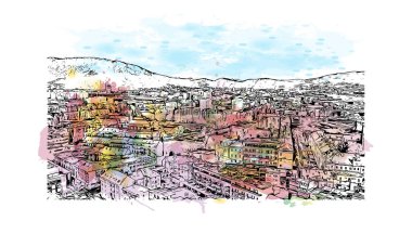 Print Building view with landmark of Graz is the city in Austria. Vektörde elle çizilmiş resim ile suluboya sıçraması.