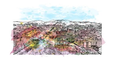 Print Building view with landmark of Graz is the city in Austria. Vektörde elle çizilmiş resim ile suluboya sıçraması.