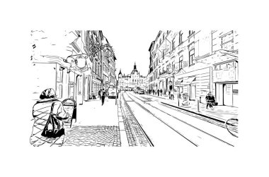Print Building view with landmark of Graz is the city in Austria. Vektörde elle çizilmiş çizim çizimi.