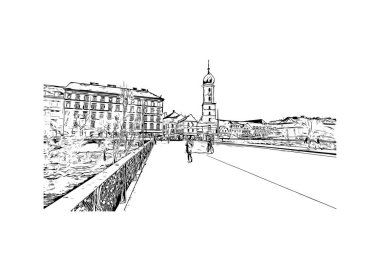 Print Building view with landmark of Graz is the city in Austria. Vektörde elle çizilmiş çizim çizimi.