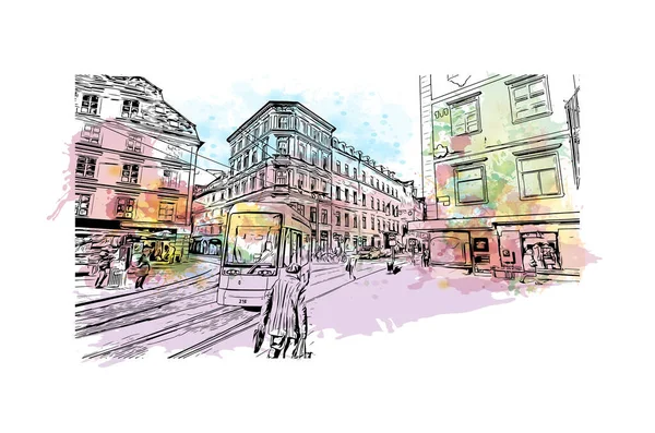 Print Vue Imprenable Sur Graz Est Ville Autriche Aquarelle Éclaboussure — Image vectorielle