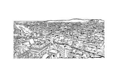 Print Building view with landmark of Graz is the city in Austria. Vektörde elle çizilmiş çizim çizimi.