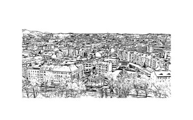 Print Building view with landmark of Graz is the city in Austria. Vektörde elle çizilmiş çizim çizimi.