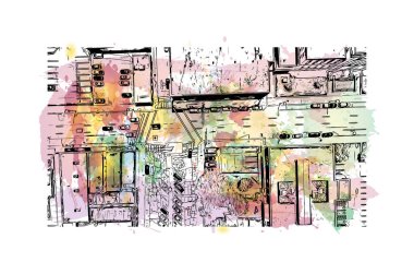 Print Building view with landmark of Greensboro Kuzey Carolina 'da bir şehirdir. Vektörde elle çizilmiş resim ile suluboya sıçraması.