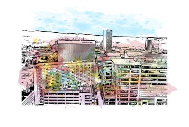 Print Building view with landmark of Greenville Güney Carolina 'da bir şehirdir. Vektörde elle çizilmiş resim ile suluboya sıçraması.