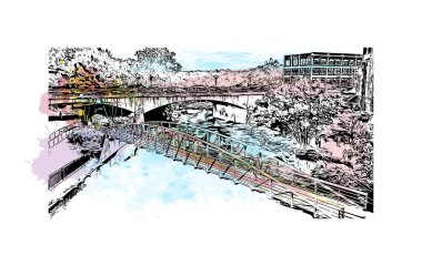 Print Building view with landmark of Greenville Güney Carolina 'da bir şehirdir. Vektörde elle çizilmiş resim ile suluboya sıçraması.