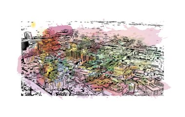 Print Building view with landmark of Greenville Güney Carolina 'da bir şehirdir. Vektörde elle çizilmiş resim ile suluboya sıçraması.