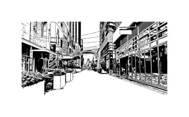 Print Building view with landmark of Greenville Güney Carolina 'da bir şehirdir. Vektörde elle çizilmiş çizim çizimi.