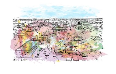 Great Falls manzaralı Print Building Montana 'da bir şehirdir. Vektörde elle çizilmiş resim ile suluboya sıçraması.