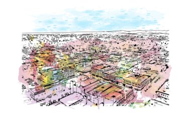 Great Falls manzaralı Print Building Montana 'da bir şehirdir. Vektörde elle çizilmiş resim ile suluboya sıçraması.