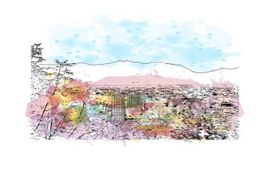 Print Building view with landmark of Grenoble is the city in France. Vektör içinde elle çizilmiş çizim eşkali ile suluboya sıçraması.