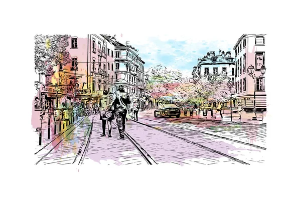 그르노블의 랜드마크가 프랑스의 도시이다 벡터에 손으로 스케치 그림으로 물감을 튀기는 — 스톡 벡터