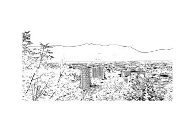 Print Building view with landmark of Grenoble is the city in France. Vektörde elle çizilmiş çizim çizimi.