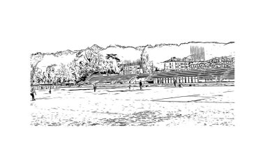 Print Building view with landmark of Grenoble is the city in France. Vektörde elle çizilmiş çizim çizimi.