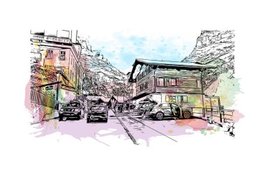 Print Building view with landmark of Grindelwald is the village in Swiss. Vektörde elle çizilmiş resim ile suluboya sıçraması.