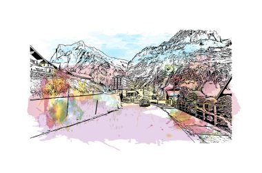 Print Building view with landmark of Grindelwald is the village in Swiss. Vektörde elle çizilmiş resim ile suluboya sıçraması.