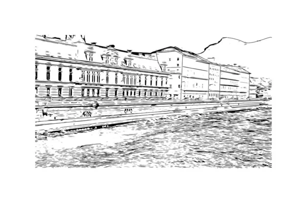 Imprimir Vista Del Edificio Con Hito Grenoble Ciudad Francia Dibujo — Vector de stock