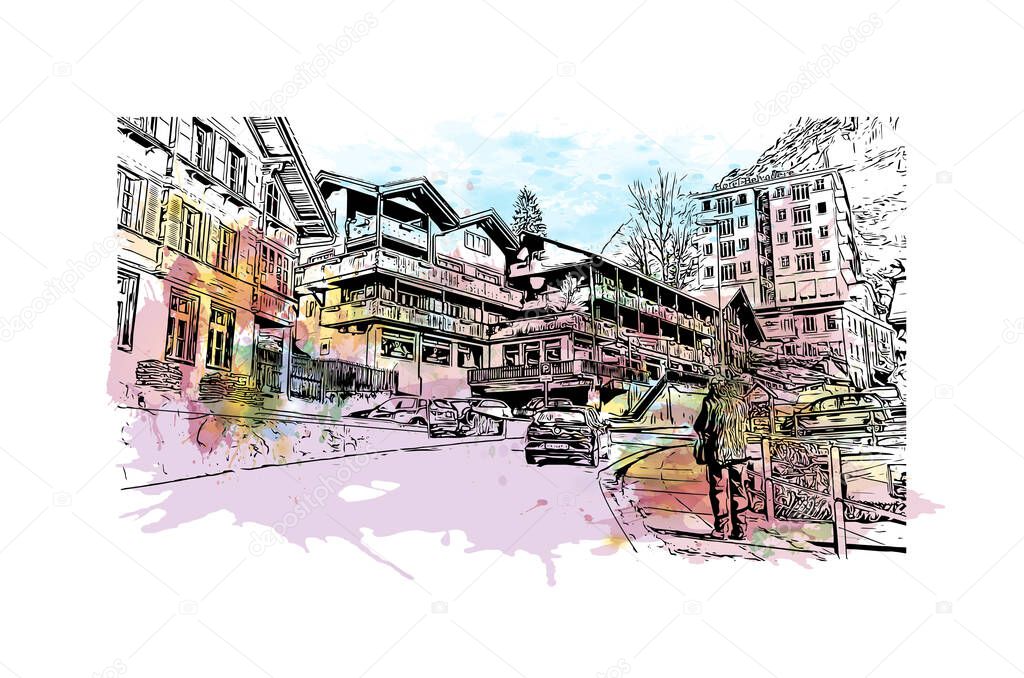 Print Building view with landmark of Grindelwald is the village in Switzerland. Watercolor splash with hand drawn sketch illustration in vector.