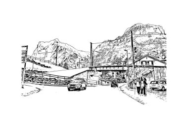 Print Building view with landmark of Grindelwald is the village in Swiss. Vektörde elle çizilmiş çizim çizimi.