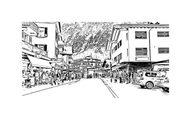 Print Building view with landmark of Grindelwald is the village in Swiss. Vektörde elle çizilmiş çizim çizimi.