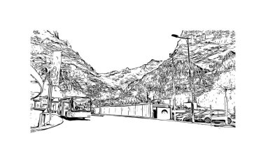 Print Building view with landmark of Grindelwald is the village in Swiss. Vektörde elle çizilmiş çizim çizimi.