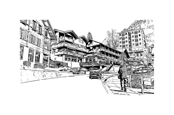 Imprimir Vista Del Edificio Con Hito Grindelwald Pueblo Suiza Dibujo — Vector de stock