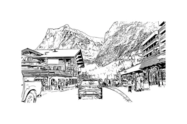 Print Building View Landmark Grindelwald Village Swiss Vektörde Elle Çizilmiş — Stok Vektör