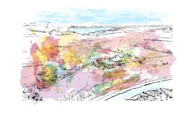 Print Building view, Hollanda 'nın kuzeyinde yer alan bir şehirdir. Vektörde elle çizilmiş resim ile suluboya sıçraması.