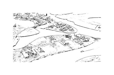 Print Building view, Hollanda 'nın kuzeyinde yer alan bir şehirdir. Vektörde elle çizilmiş çizim çizimi.