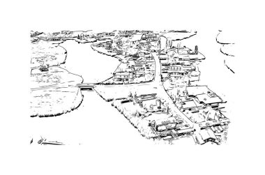 Print Building view, Hollanda 'nın kuzeyinde yer alan bir şehirdir. Vektörde elle çizilmiş çizim çizimi.