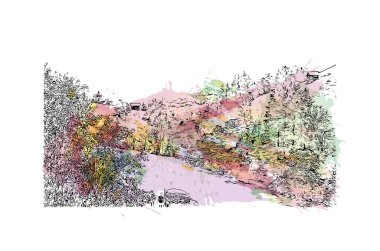 Print Building view with landmark of Grossarl is the town in Austria. Vektörde elle çizilmiş resim ile suluboya sıçraması.