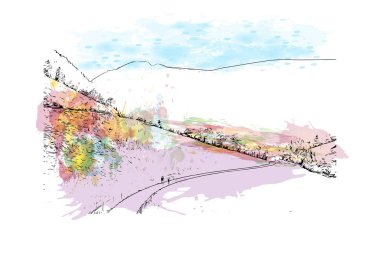 Print Building view with landmark of Grossarl is the town in Austria. Vektörde elle çizilmiş resim ile suluboya sıçraması.