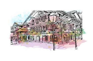 Print Building view, İsviçre Alpleri 'nin Bernese Oberland bölgesinde yer alan bir tatil köyüdür. Vektörde elle çizilmiş resim ile suluboya sıçraması.