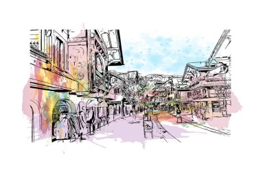 Print Building view, İsviçre Alpleri 'nin Bernese Oberland bölgesinde yer alan bir tatil köyüdür. Vektörde elle çizilmiş resim ile suluboya sıçraması.