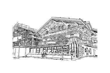 Print Building view, İsviçre Alpleri 'nin Bernese Oberland bölgesinde yer alan bir tatil köyüdür. Vektörde elle çizilmiş çizim çizimi.