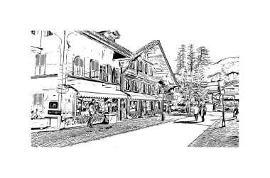 Print Building view, İsviçre Alpleri 'nin Bernese Oberland bölgesinde yer alan bir tatil köyüdür. Vektörde elle çizilmiş çizim çizimi.