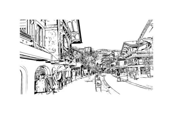 Print Building view, İsviçre Alpleri 'nin Bernese Oberland bölgesinde yer alan bir tatil köyüdür. Vektörde elle çizilmiş çizim çizimi.