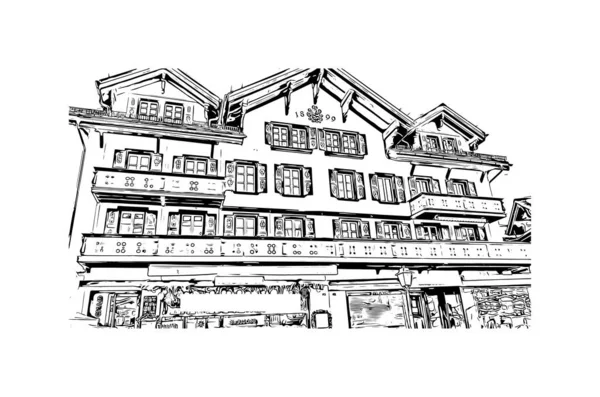 Print Building View Landmark Gstaad Exklusiv Semesterort Regionen Bernese Oberland — Stock vektor