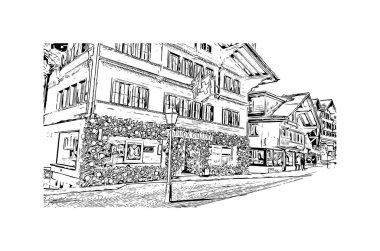 Print Building view, İsviçre Alpleri 'nin Bernese Oberland bölgesinde yer alan bir tatil köyüdür. Vektörde elle çizilmiş çizim çizimi.